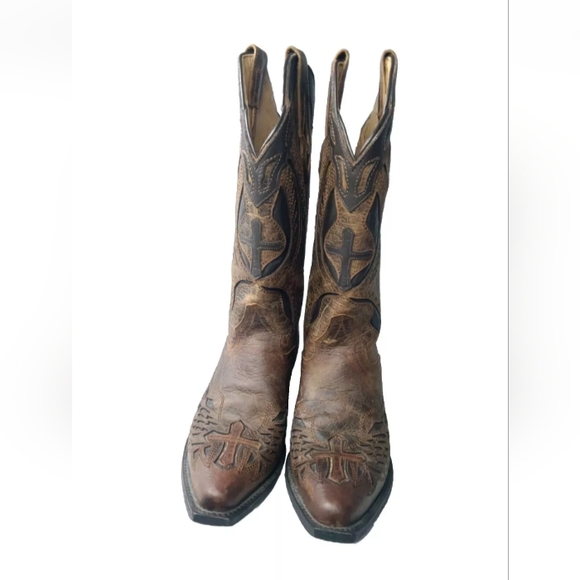 J.B. Dillon Leather Winged Cross Embroidered Cut Out Boots  Size 7 B Brown - Picture 3 of 15